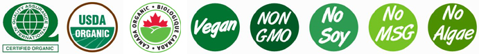 Vibrational Greens Quality and Organic Certification logos, 100% USDA Organic, Canada Organic, 100% Vegan, Non GMO, No Soy, No MSG, No algae.