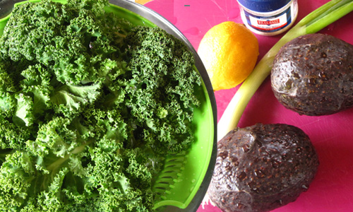 Gather ingredients for kale avocado salad